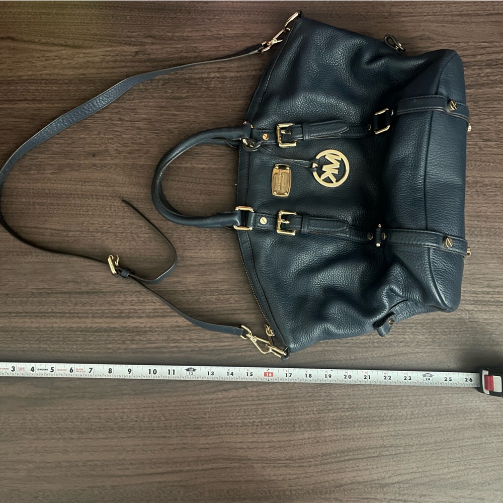 Michael Kors Bedford Belted DARK BLUE Pebbled Leather Satchel Shoulder Bag - Picture 12 of 13